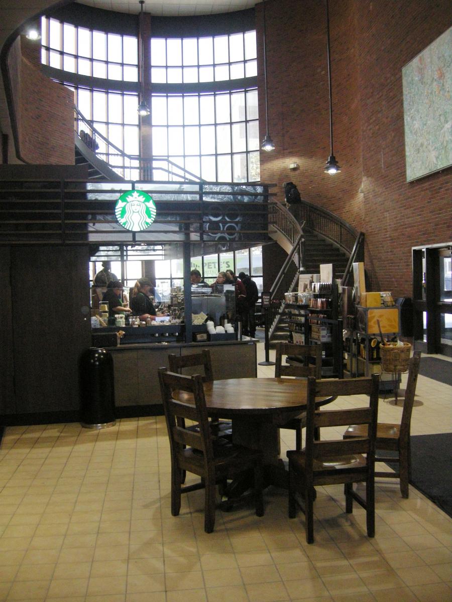 photo of the main stairwell leading up to the Library with the Starbucks café